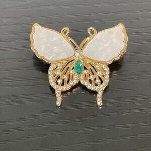 Gold-Tone Butterfly Brooch With Pearl-Effect Wings & Green Gem Accent